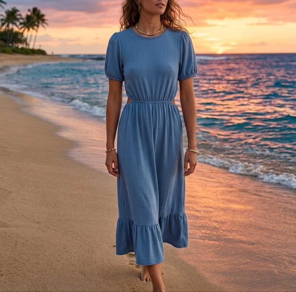 Caution To The Wind Blue Midi Dress Size S Puff Sleeve Tiered Hem Cottagecore